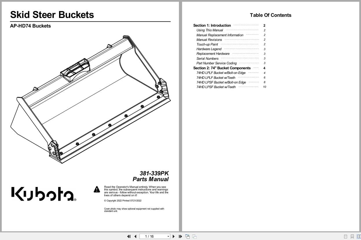 Kubota Skid Steer Buckets AP HD74 Parts Manual 381 339PK (1)