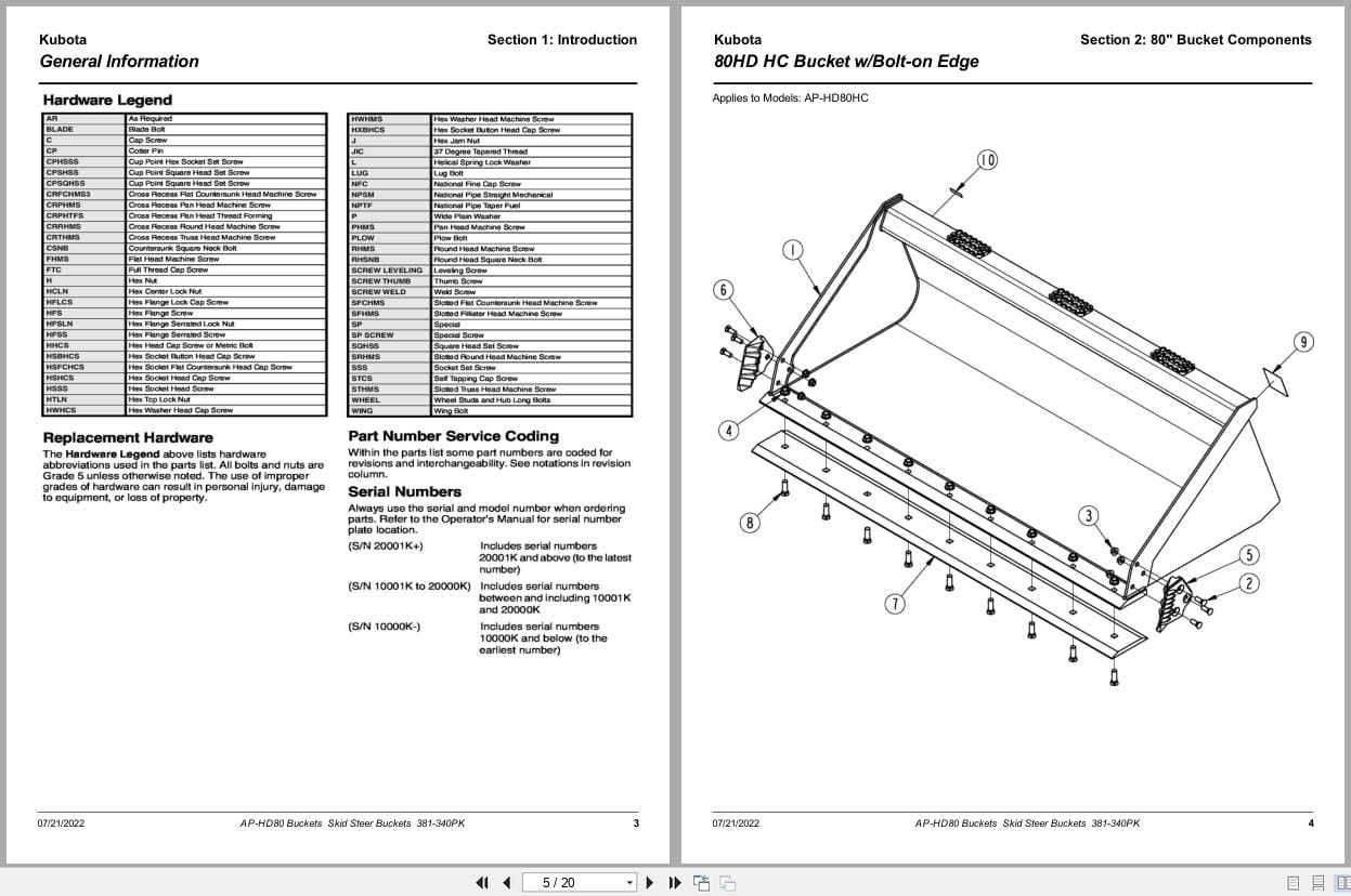 Kubota Skid Steer Buckets AP HD80 Parts Manual 381 340PK (2)