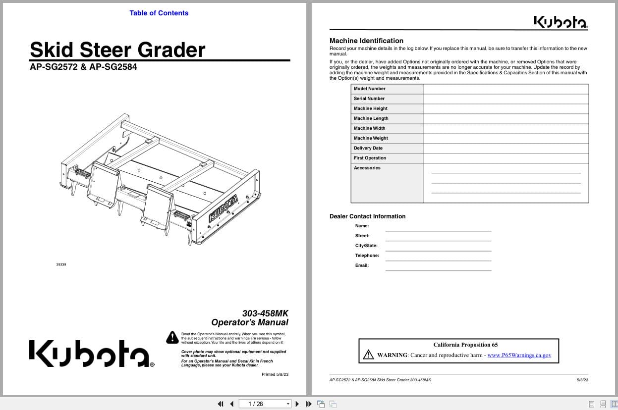 Kubota Skid Steer Grader AP SG2572 AP SG2584 Operation Manual 303 458MK (1)