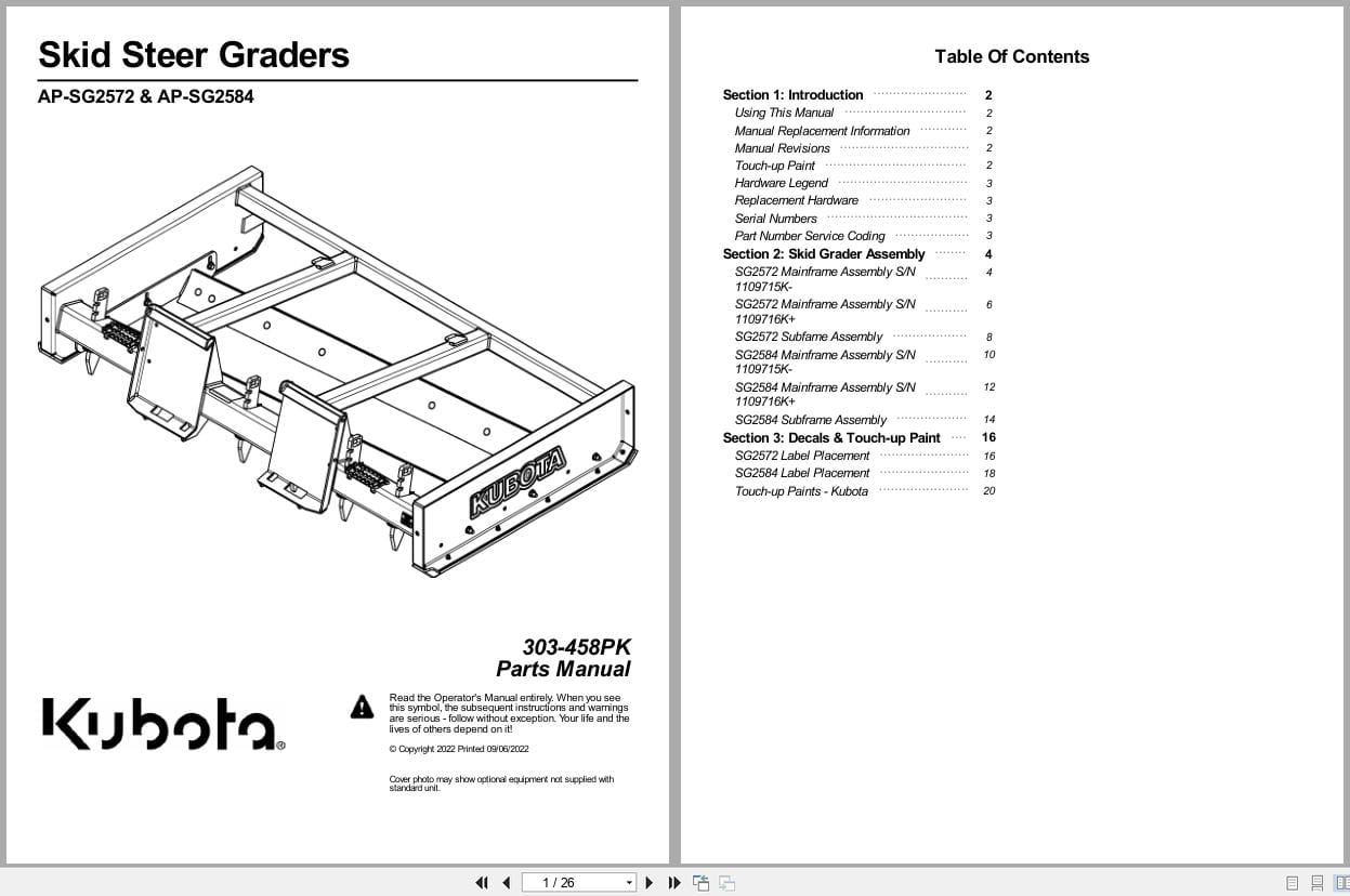 Kubota Skid Steer Grader AP SG2572 AP SG2584 Parts Manual 303 458PK (1)