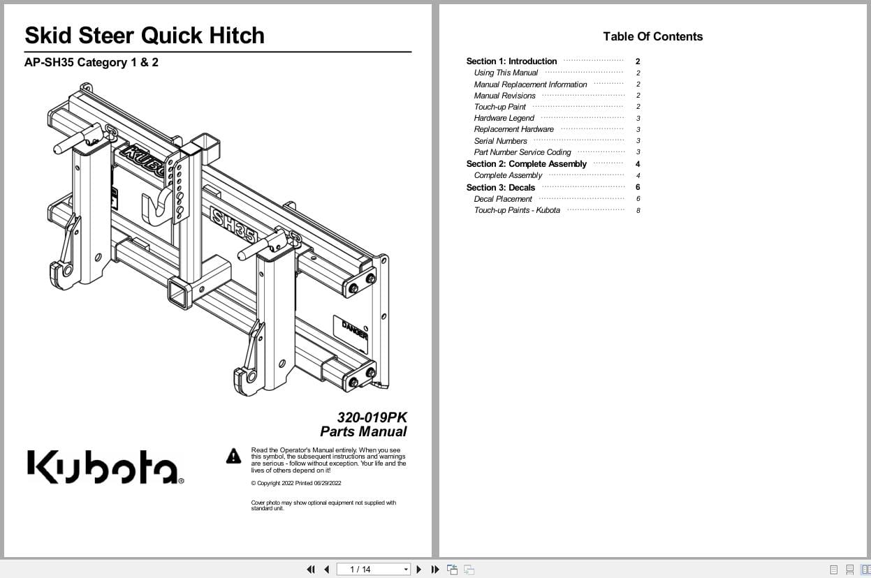 Kubota Skid Steer Quick Hitch AP SH35 Parts Manual 320 019PK (1)