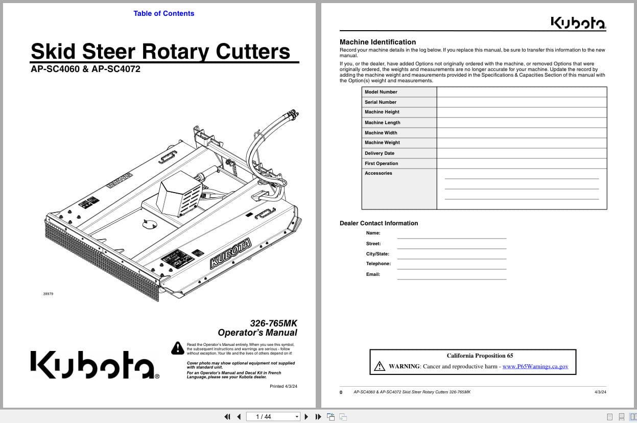 Kubota Skid Steer Rotary Cutters AP SC4060 AP SC4072 Operation Manual 326 765MK (1)