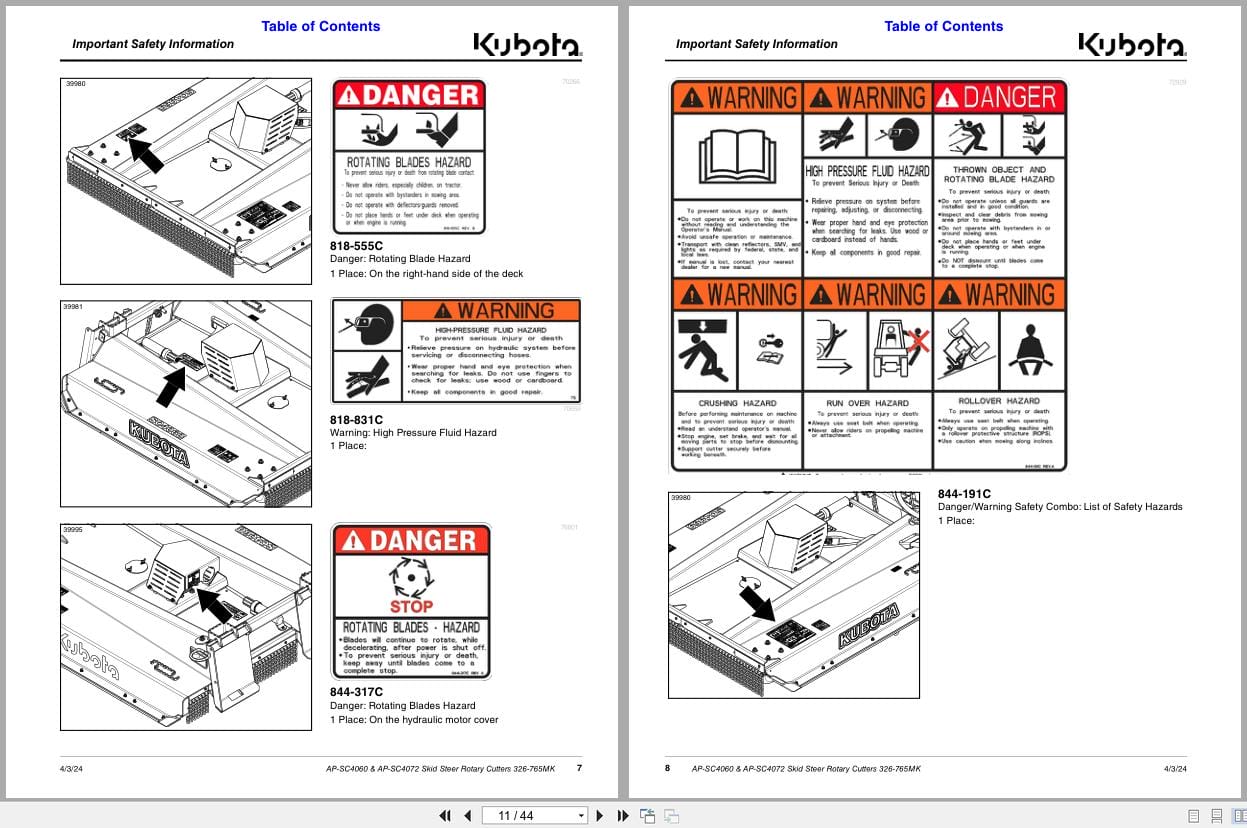 Kubota Skid Steer Rotary Cutters AP SC4060 AP SC4072 Operation Manual 326 765MK (2)