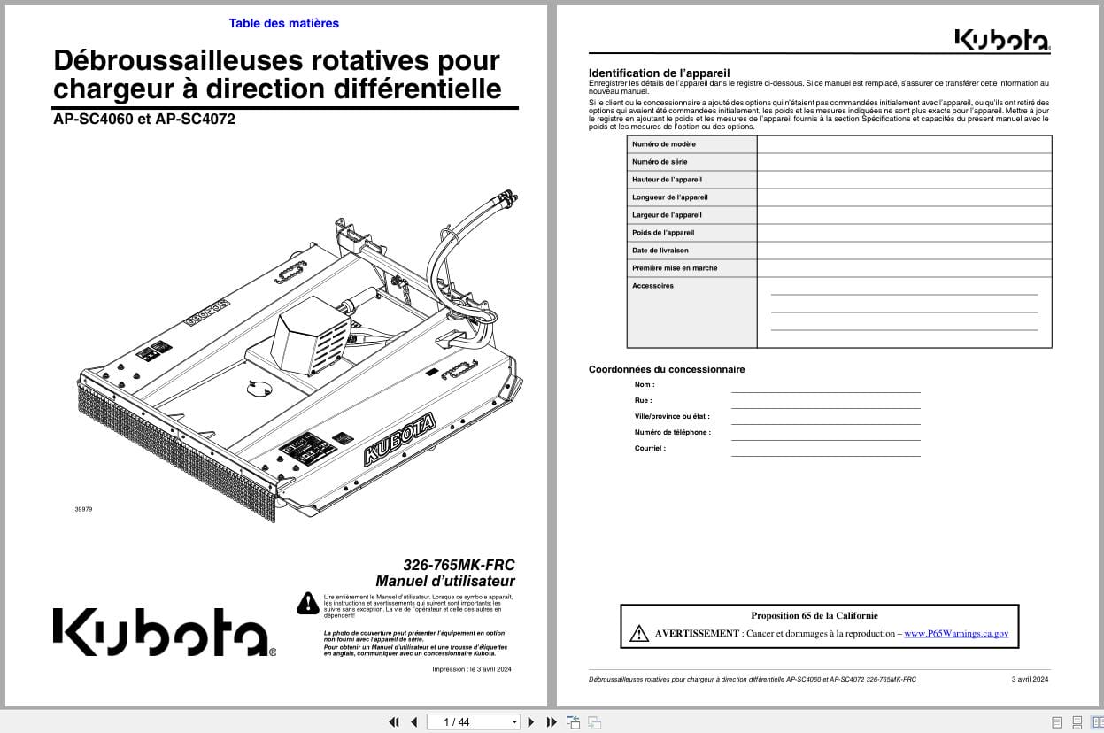 Kubota Skid Steer Rotary Cutters AP SC4060 AP SC4072 Operator Manual 326 765MK FRC FR (1)