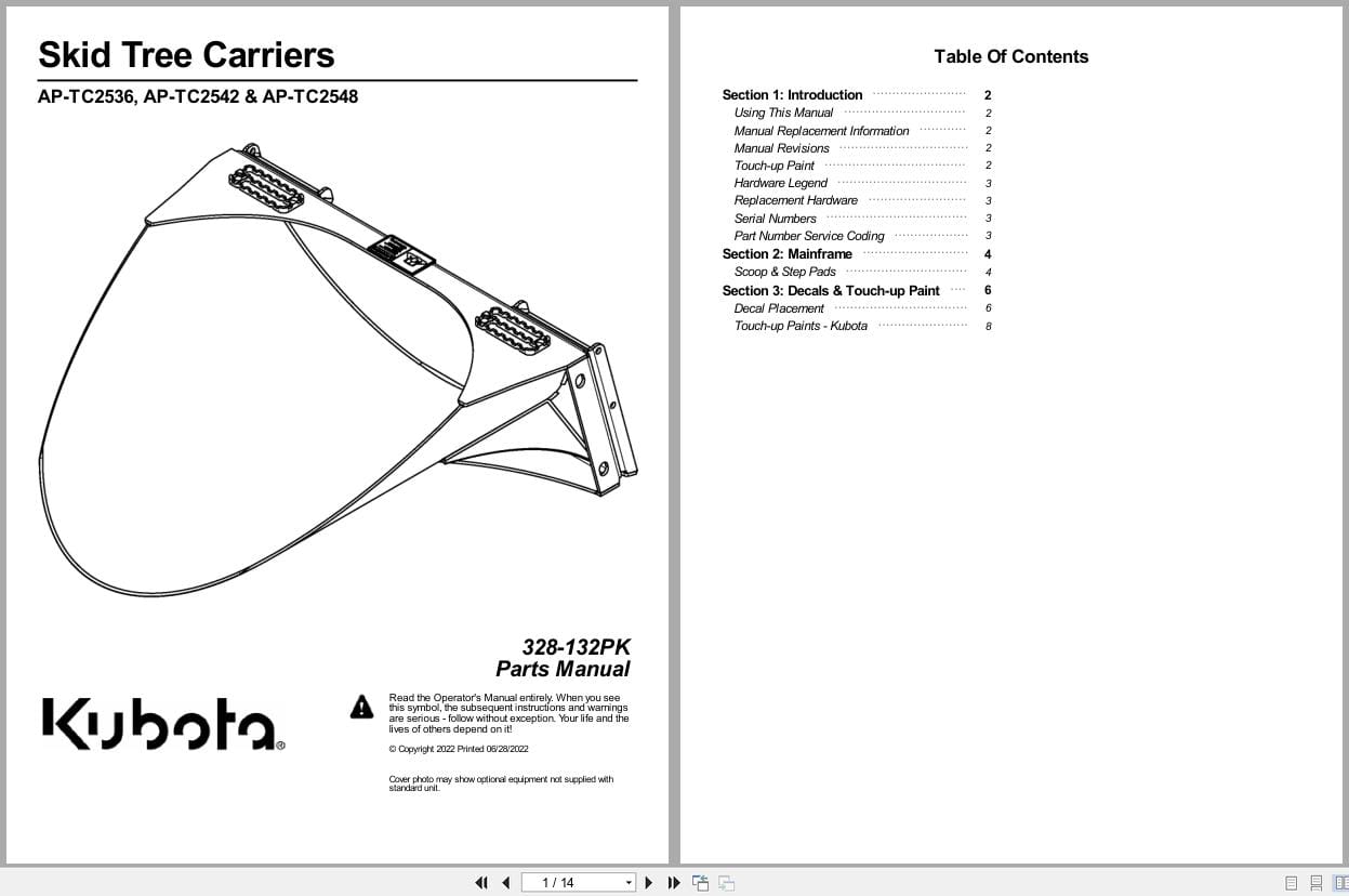 Kubota Skid Tree Carrier AP TC2536 AP TC2542 AP TC2548 Parts Manual 328 132PK (1)
