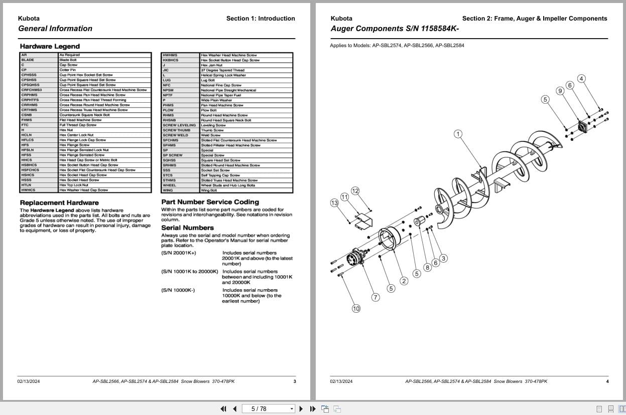 Kubota Snow Blower AP SBL2566 AP SBL2574 AP SBL2584 Parts Manual 370 478PK (2)