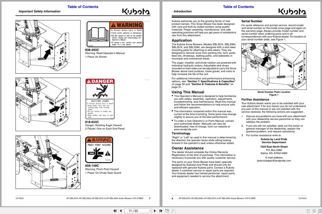 Kubota Snow Blower AP SBL3074 AP SBL3084 AP SBL3574 AP SBL3584 Operation Manual 370 578MK (2)