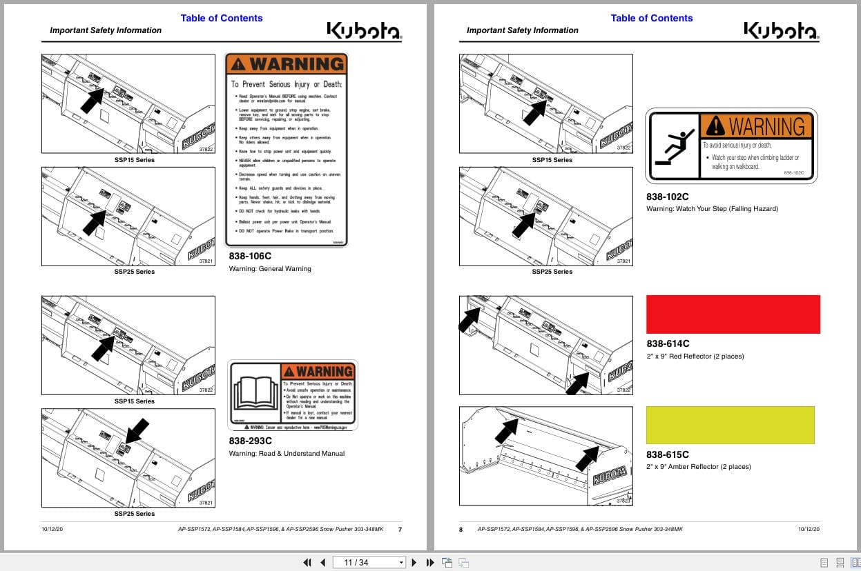 Kubota Snow Pusher AP SSP1572 AP SSP1584 AP SSP1596 AP SSP2596 Operation Manual 303 348MK (2)