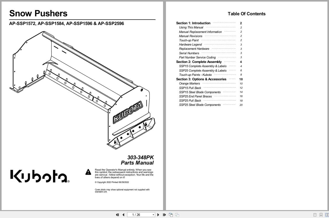 Kubota Snow Pusher AP SSP1572 AP SSP1584 AP SSP1596 AP SSP2596 Parts Manual 303 348PK (1)