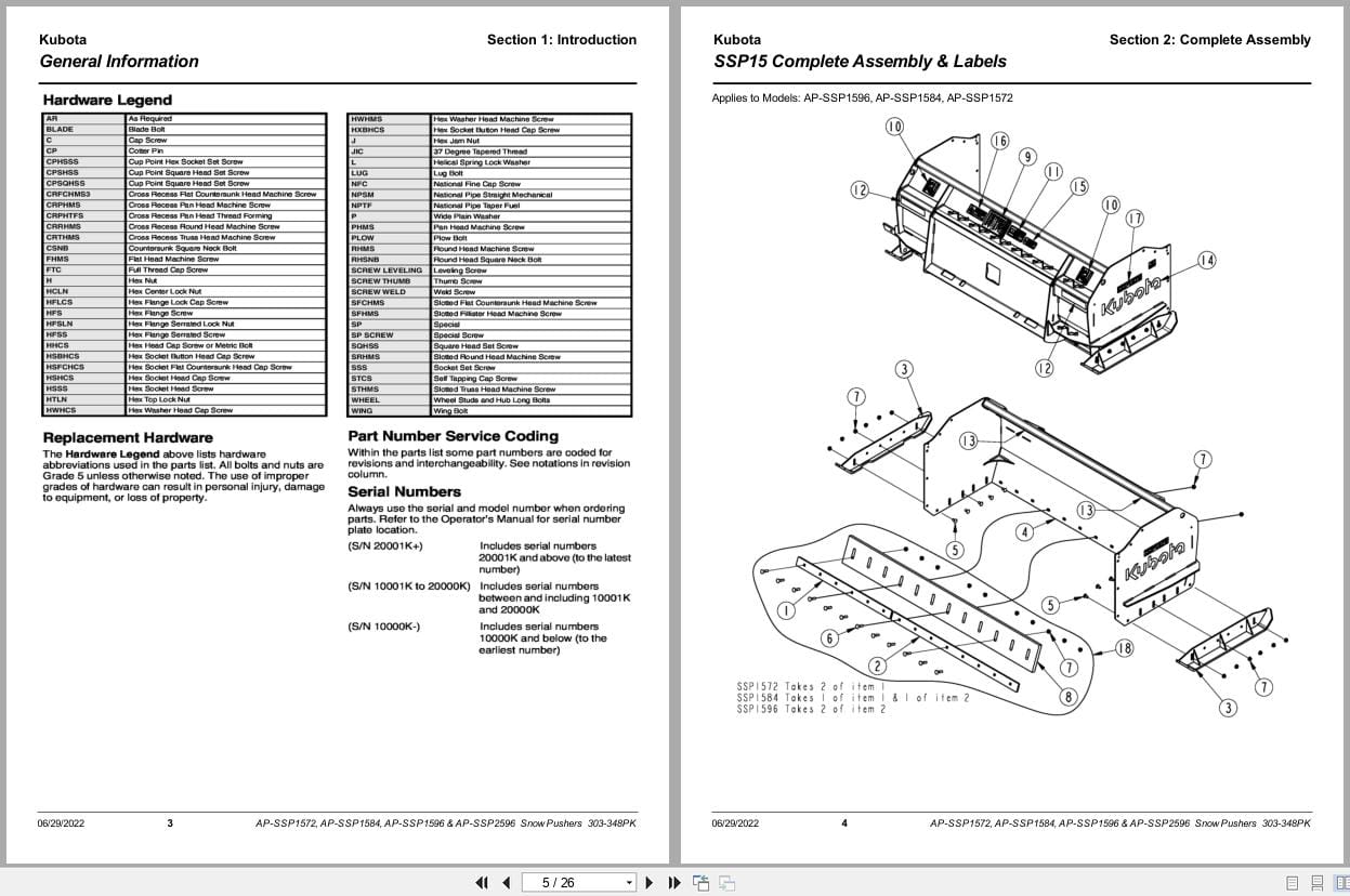 Kubota Snow Pusher AP SSP1572 AP SSP1584 AP SSP1596 AP SSP2596 Parts Manual 303 348PK (2)
