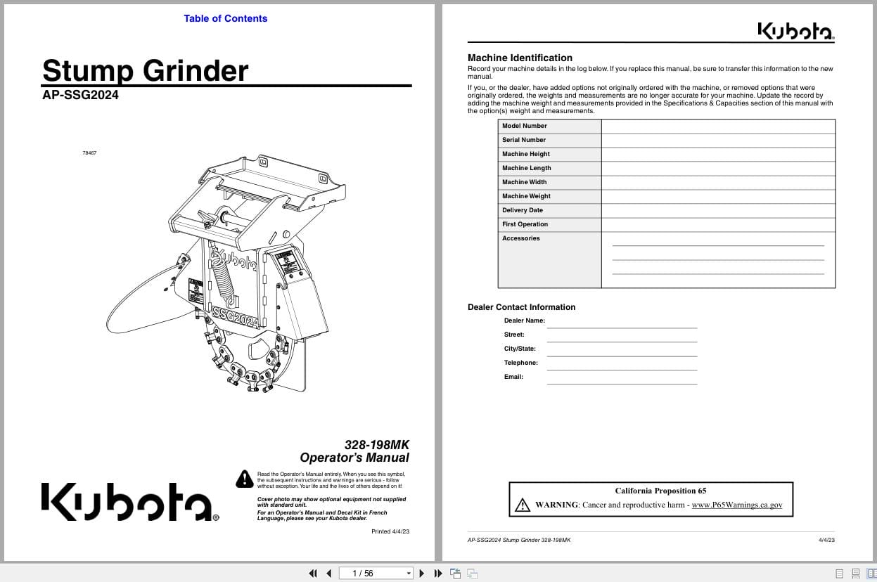 Kubota Stump Grinder AP SSG2024 Operation Manual 328 198MK (1)