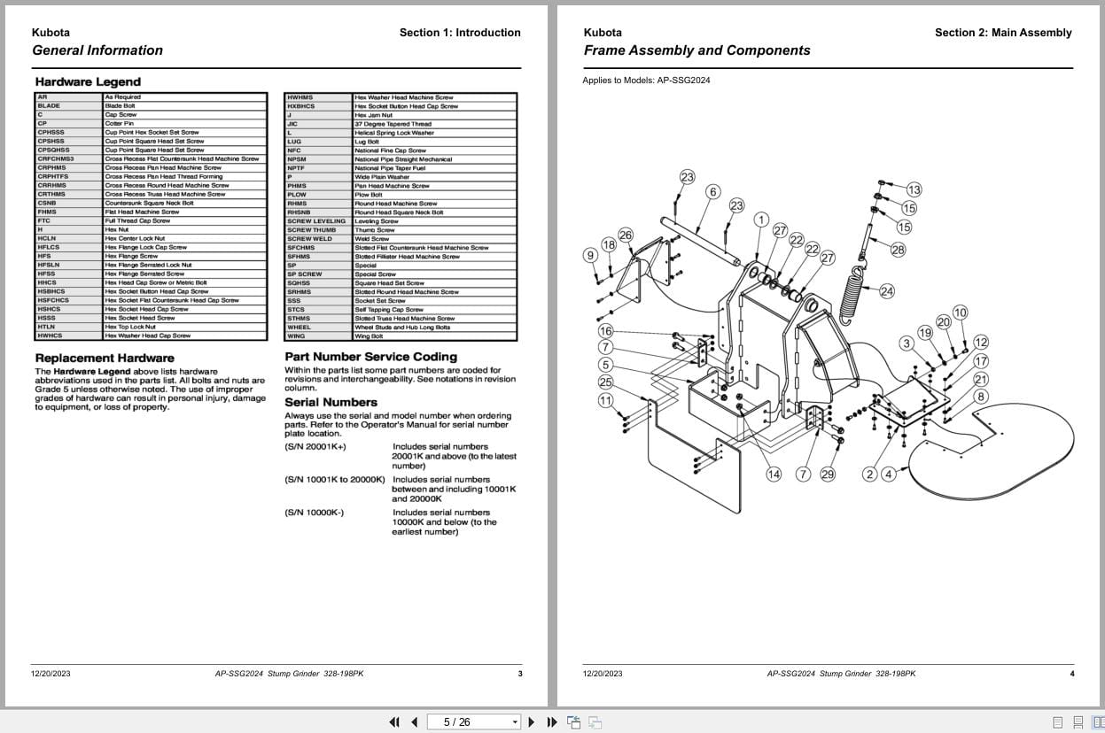 Kubota Stump Grinder AP SSG2024 Parts Manual 328 198PK (2)