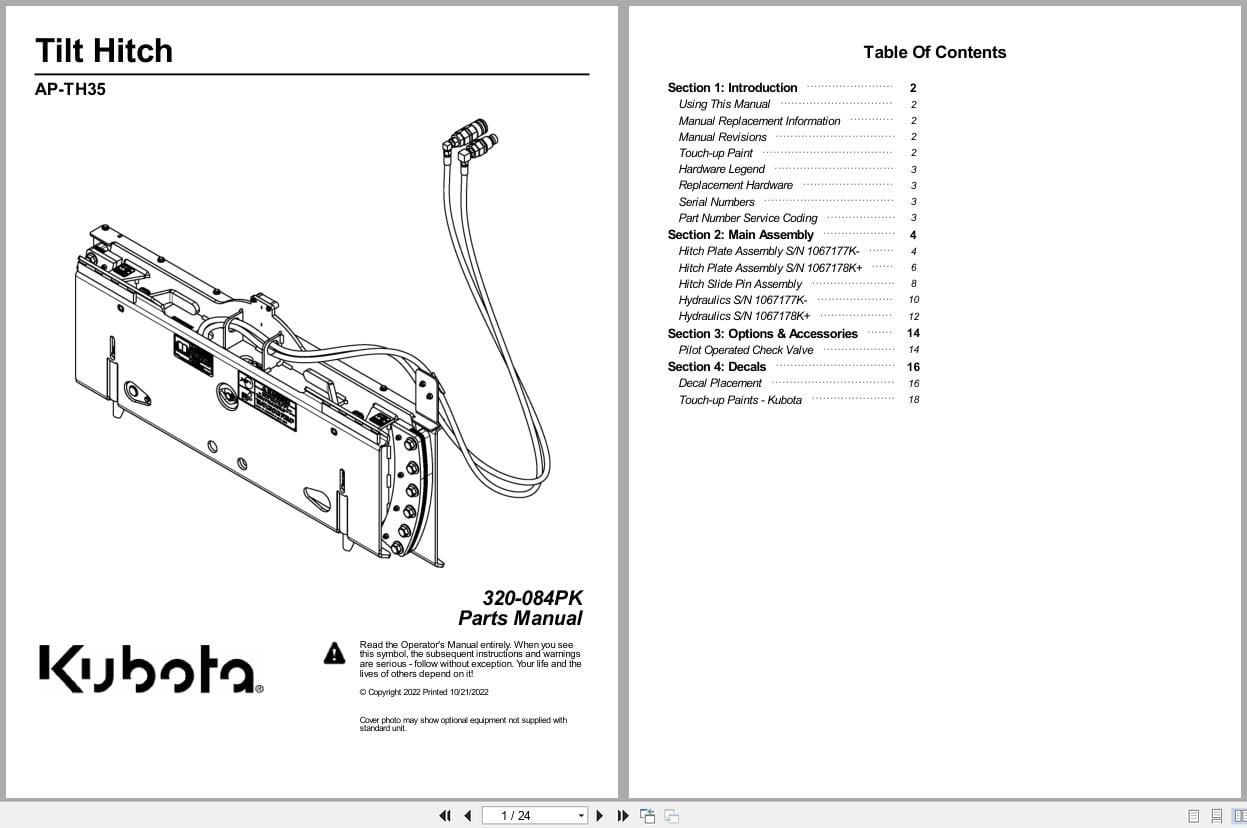 Kubota Tilt Hitch AP TH35 Parts Manual 320 084PK (1)
