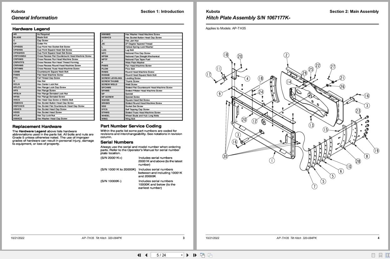 Kubota Tilt Hitch AP TH35 Parts Manual 320 084PK (2)