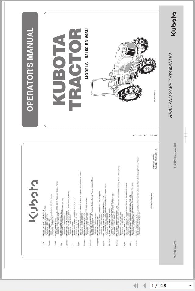 Kubota Tractor B3150 B3150SU Operators Manual 6C435 6311 6 (1)