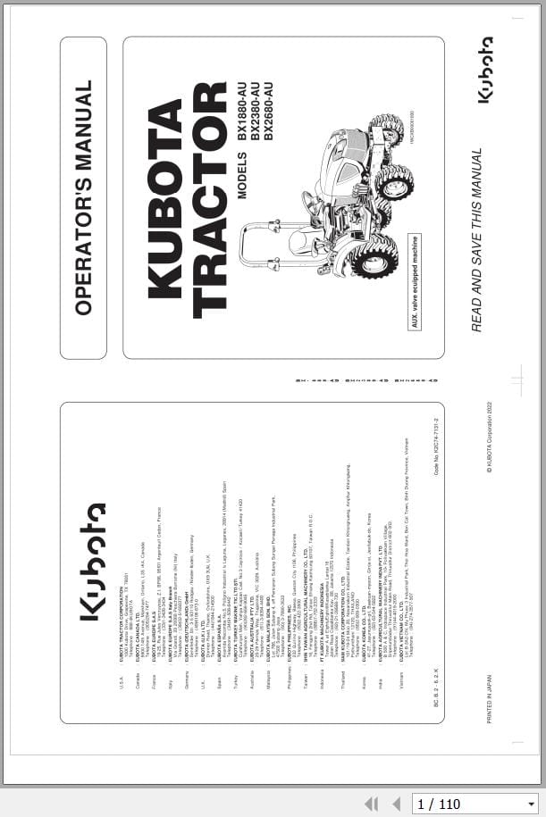 Kubota Tractor BX1880 AU BX2380 AU BX2680 AU Operators Manual K2C74 7131 2 (1)
