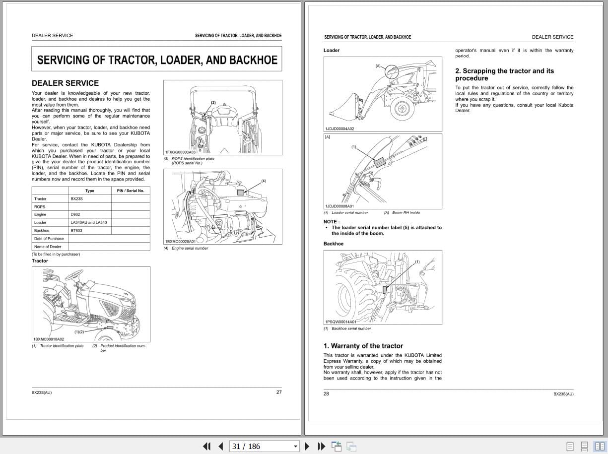 Kubota Tractor BX23S AU LA340AU LA340 BT603 Operators Manual K2992 7125 4 (2)