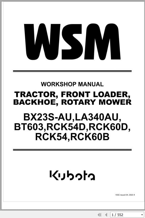 Kubota Tractor BX23S SU to RCK60B Workshop Manual 9Y111 18064 (1)