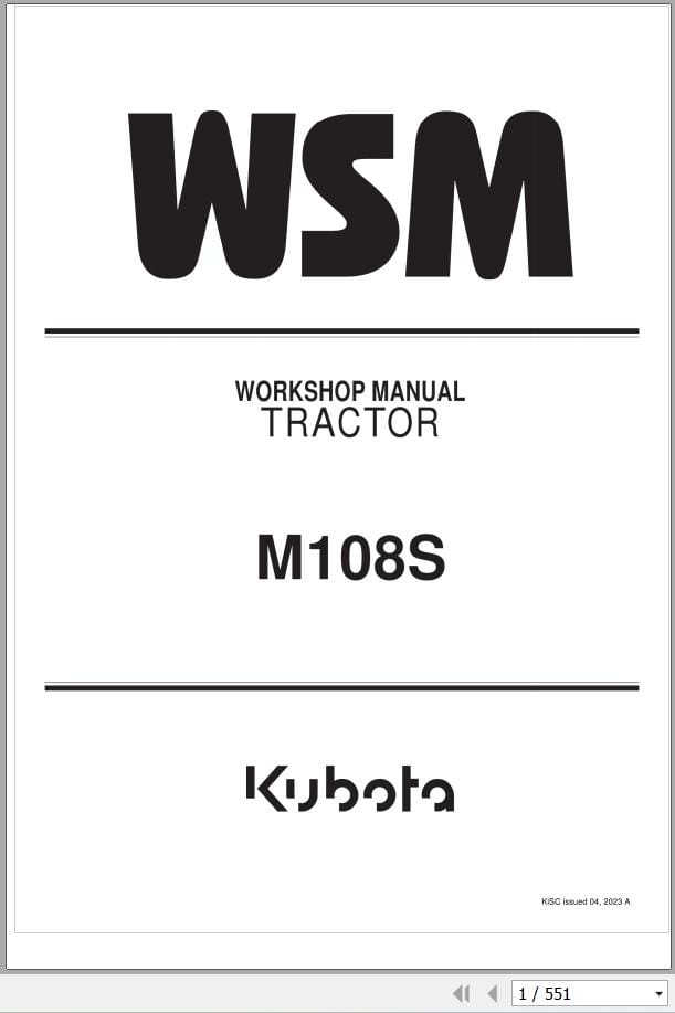 Kubota Tractor M108S Workshop Manual 9Y111 05265 (1)