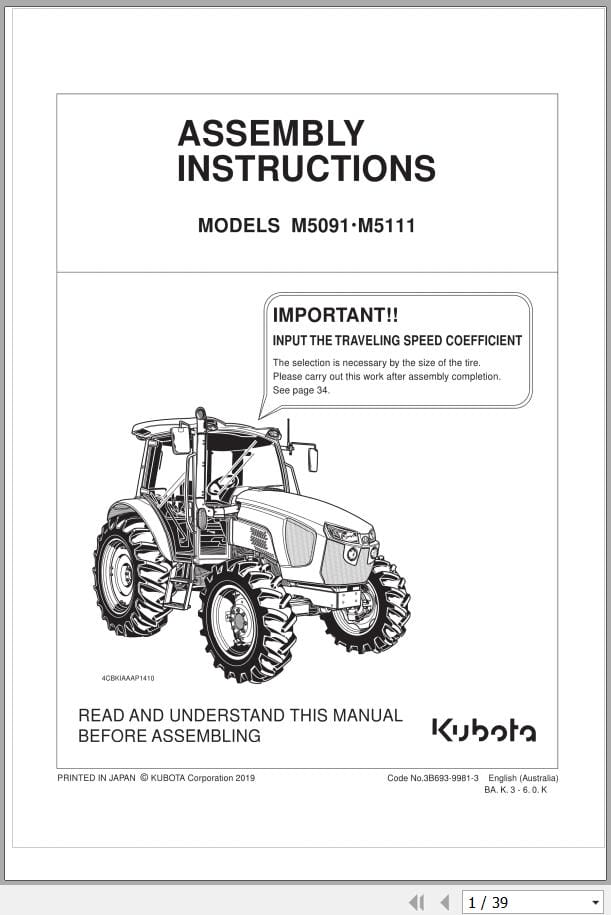 Kubota Tractor M5091 M5111 Assembly Instructions 3B693 9981 3 (1)