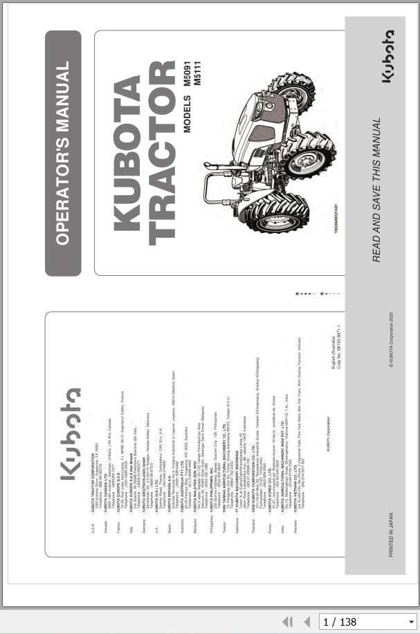 Kubota Tractor M5091 M5111 Operators Manual 3B193 9971 1 (1)