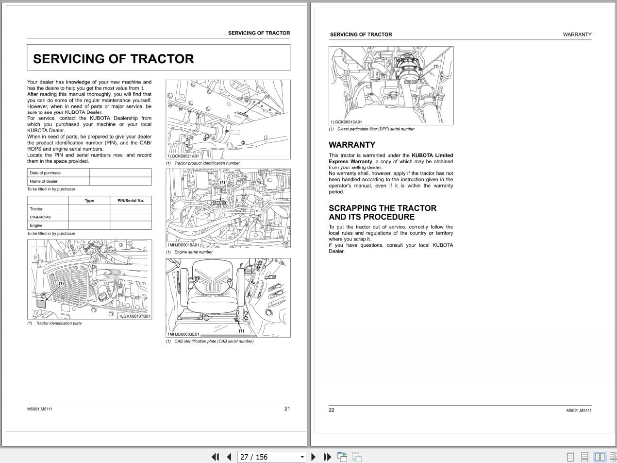 Kubota Tractor M5091 M5111 Operators Manual 3B693 9971 3 (2)