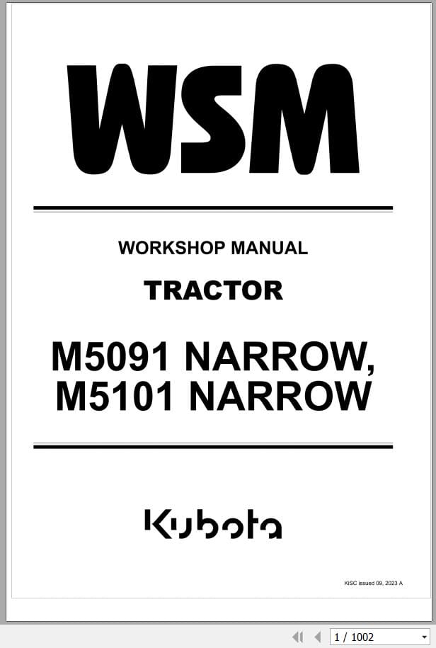 Kubota Tractor M5091 NARROW M5101 NARROW Workshop Manual 9Y111 20835 (1)