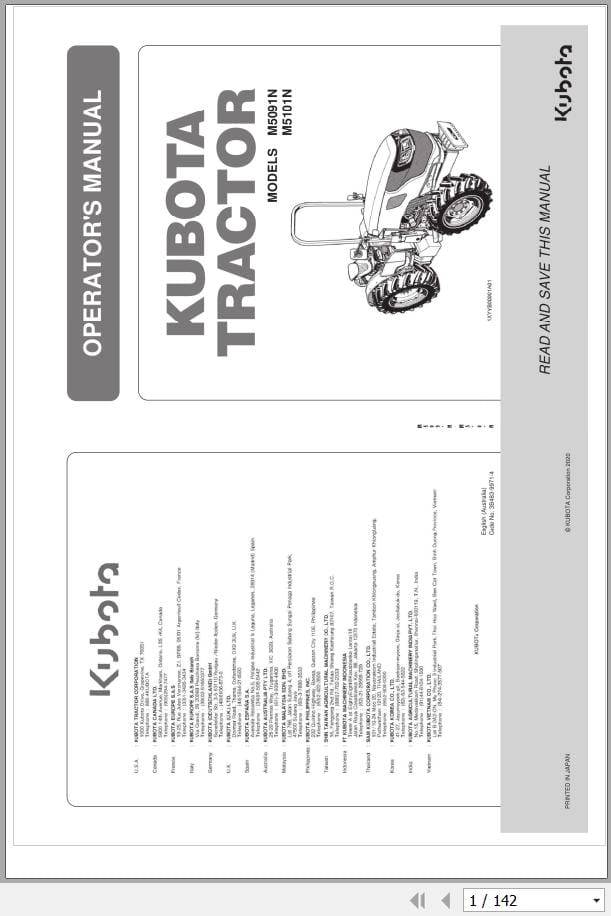 Kubota Tractor M5091N M5101N Operators Manual 3B483 9971 4 (1)