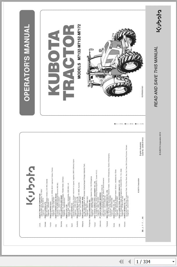 Kubota Tractor M7132 M7152 M7172 Operators Manual 3J036 9144 8 (1)
