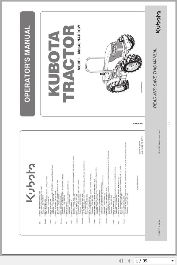 Kubota Tractor M8540 NARROW Operators Manual 3C473 9971 4 (1)