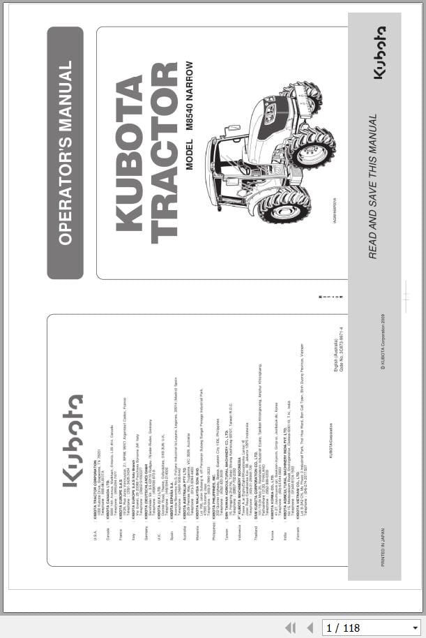 Kubota Tractor M8540 NARROW Operators Manual 3C873 9971 4 (1)