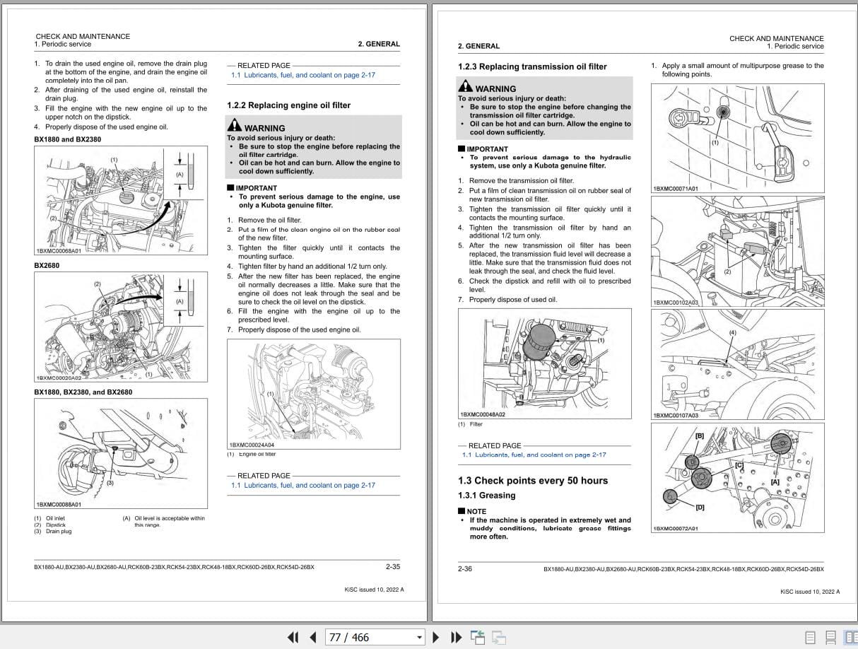 Kubota Tractor Rotary Mower BX1880 AU to RCK54D 26BX Workshop Manual 9Y111 18056 (2)