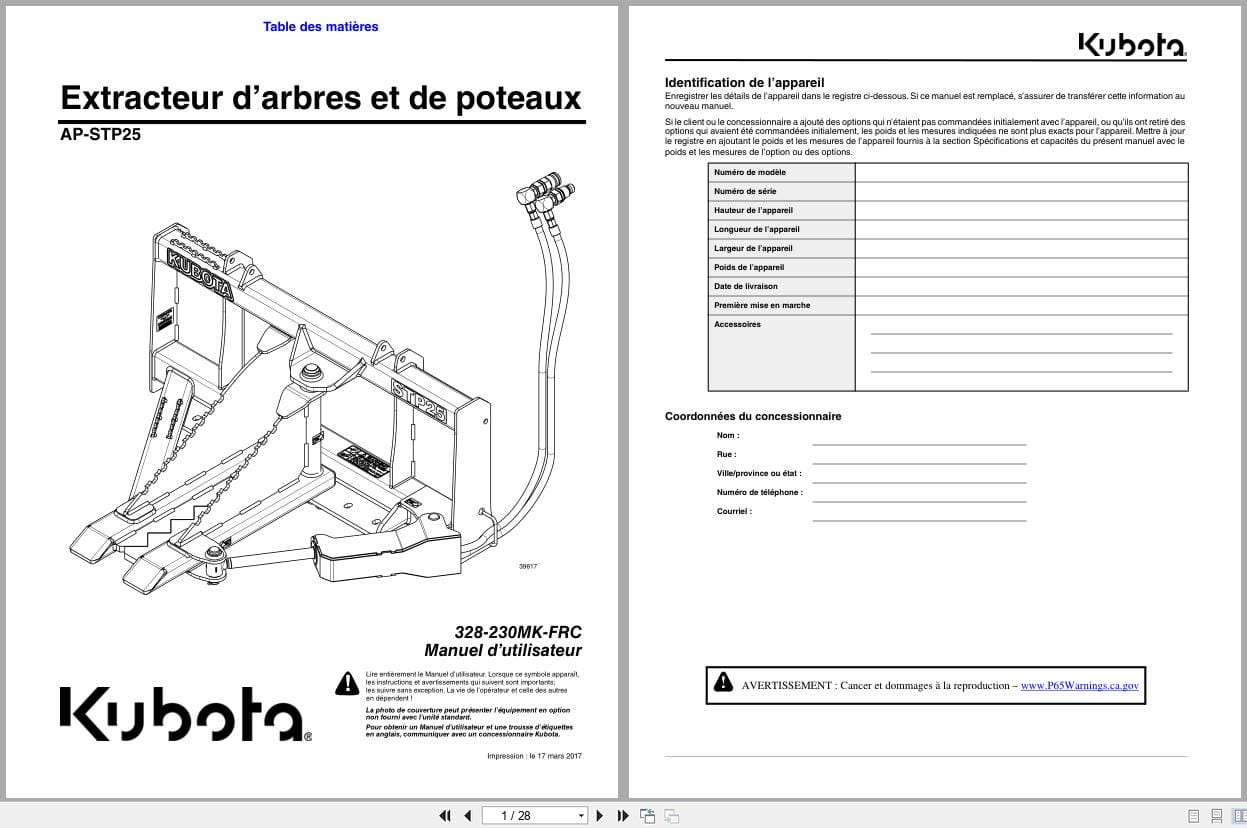 Kubota Tree Post Puller AP STP25 Operator Manual 328 230MK FRC FR (1)
