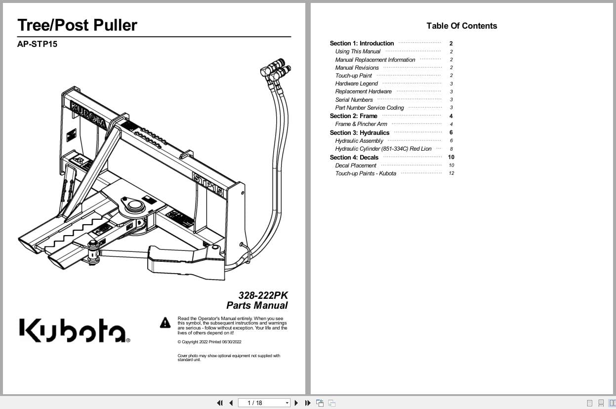 Kubota TreePost Puller AP STP15 Parts Manual 328 222PK (1)
