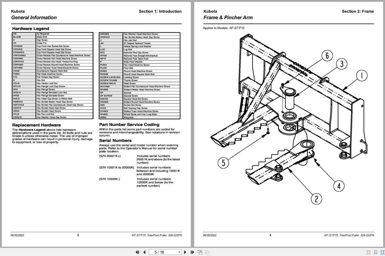 Kubota TreePost Puller AP STP15 Parts Manual 328 222PK (2)