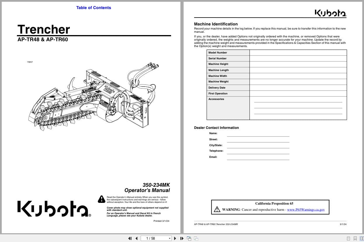 Kubota Trencher AP TR48 AP TR60 Operation Manual 350 234MK (1)