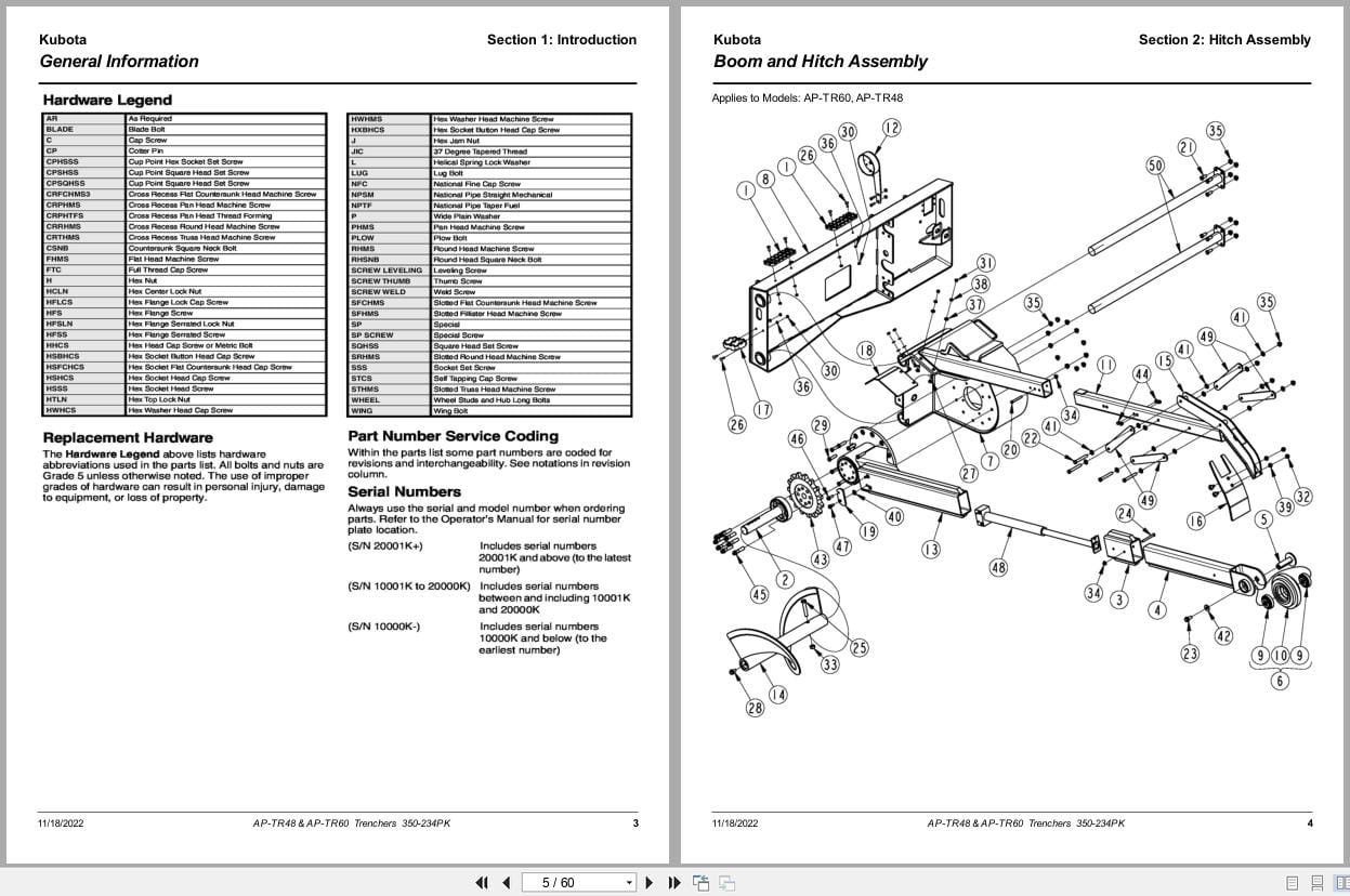 Kubota Trencher AP TR48 AP TR60 Parts Manual 350 234PK (2)