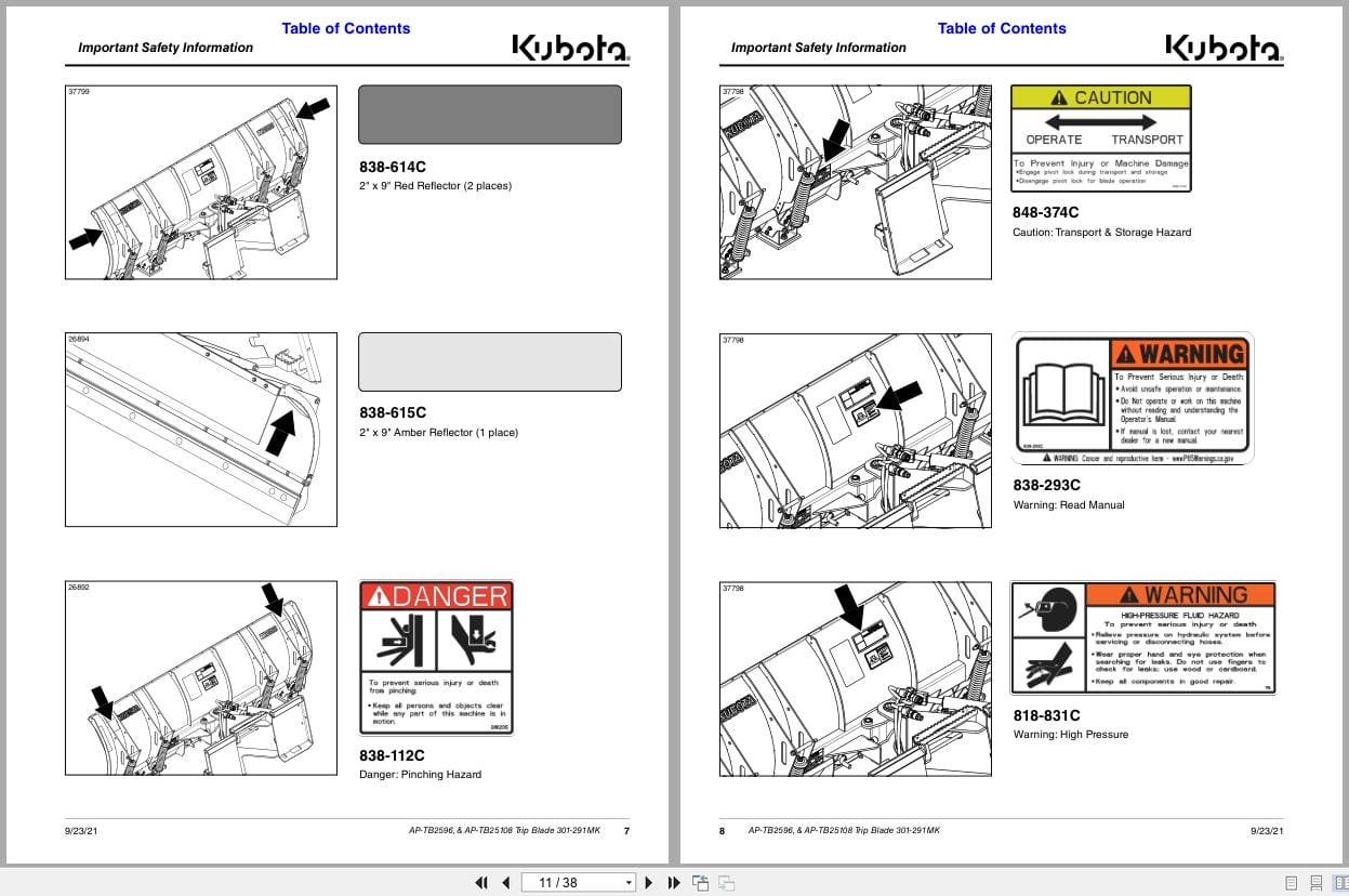 Kubota Trip Blade AP TB2596 AP TB25108 Operation Manual 301 291MK (2)