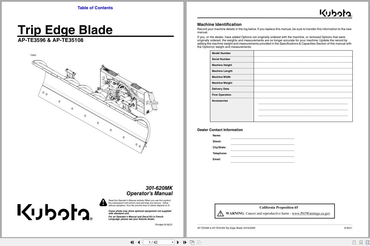 Kubota Trip Edge Blade AP TE3596 AP TE35108 Operation Manual 301 620MK (1)