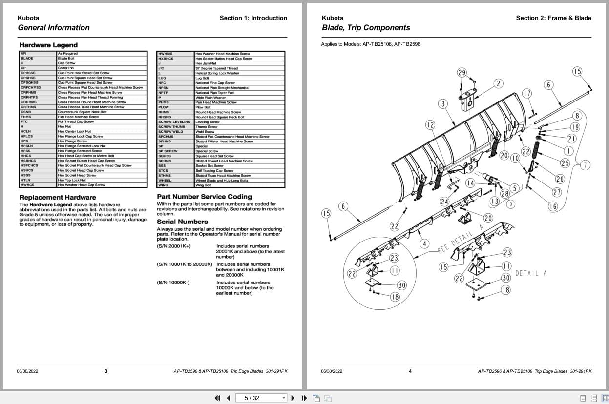 Kubota Trip Edge Blades AP TB2596 AP TB25108 Parts Manual 301 291PK (2)