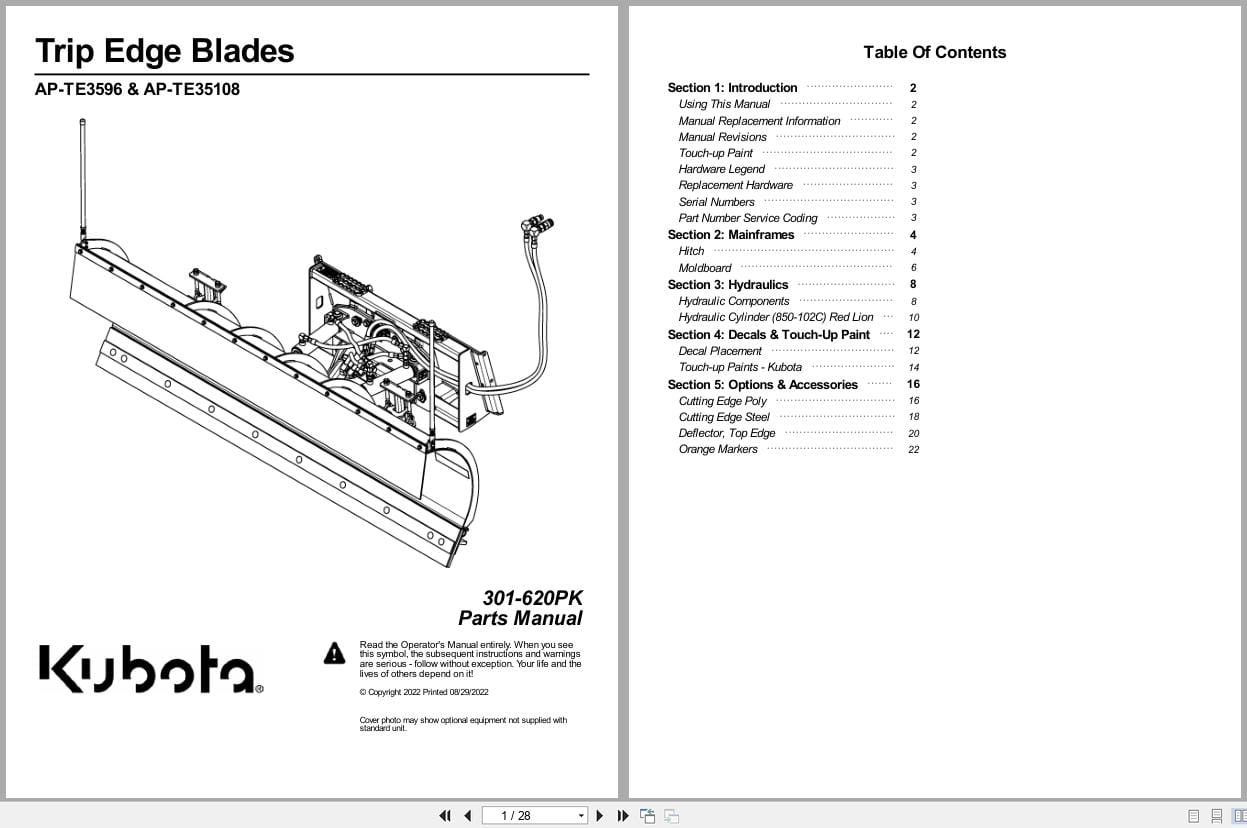 Kubota Trip Edge Blades AP TE3596 AP TE35108 Parts Manual 301 620PK (1)