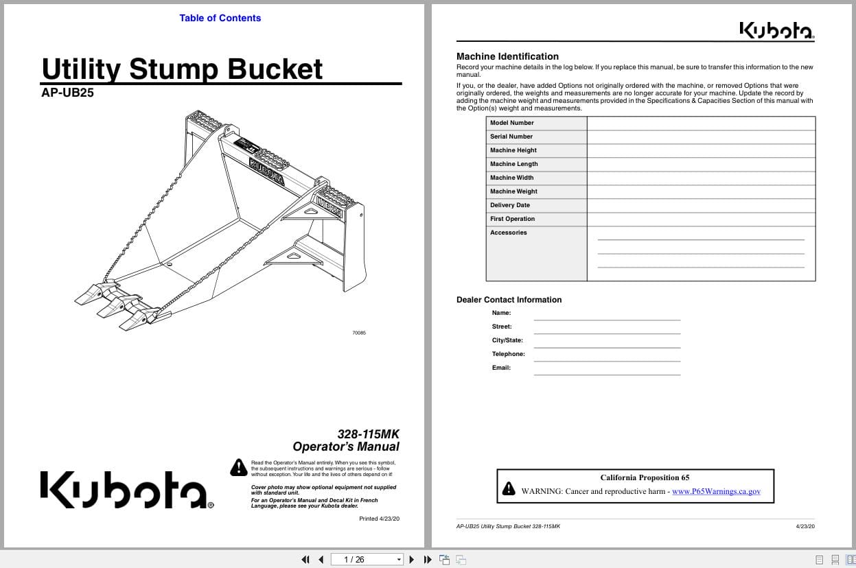 Kubota Utility Stump Bucket AP UB25 Operation Manual 328 115MK (1)
