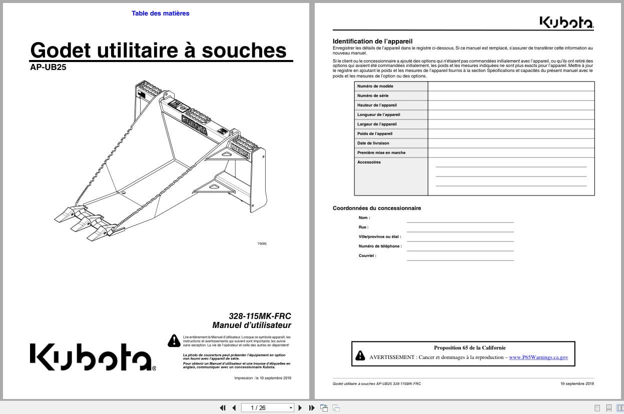 Kubota Utility Stump Bucket AP UB25 Operator Manual 328 115MK FRC FR (1)