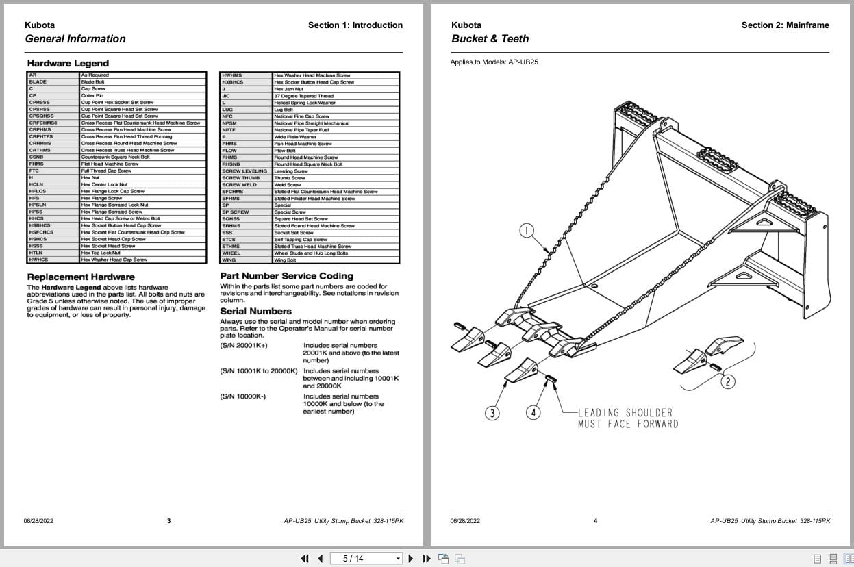 Kubota Utility Stump Bucket AP UB25 Parts Manual 328 115PK (2)