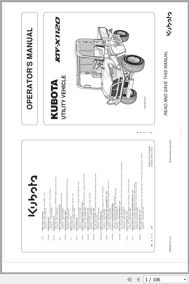 Kubota Utility Vehicle RTV X1120 Operators Maual K7431 7122 2 (1)