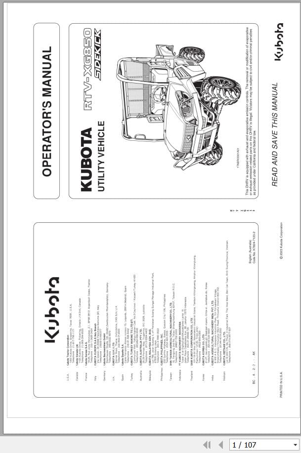Kubota Utility Vehicle RTV XG850 Operators Maual K7824 7123 2 (1)