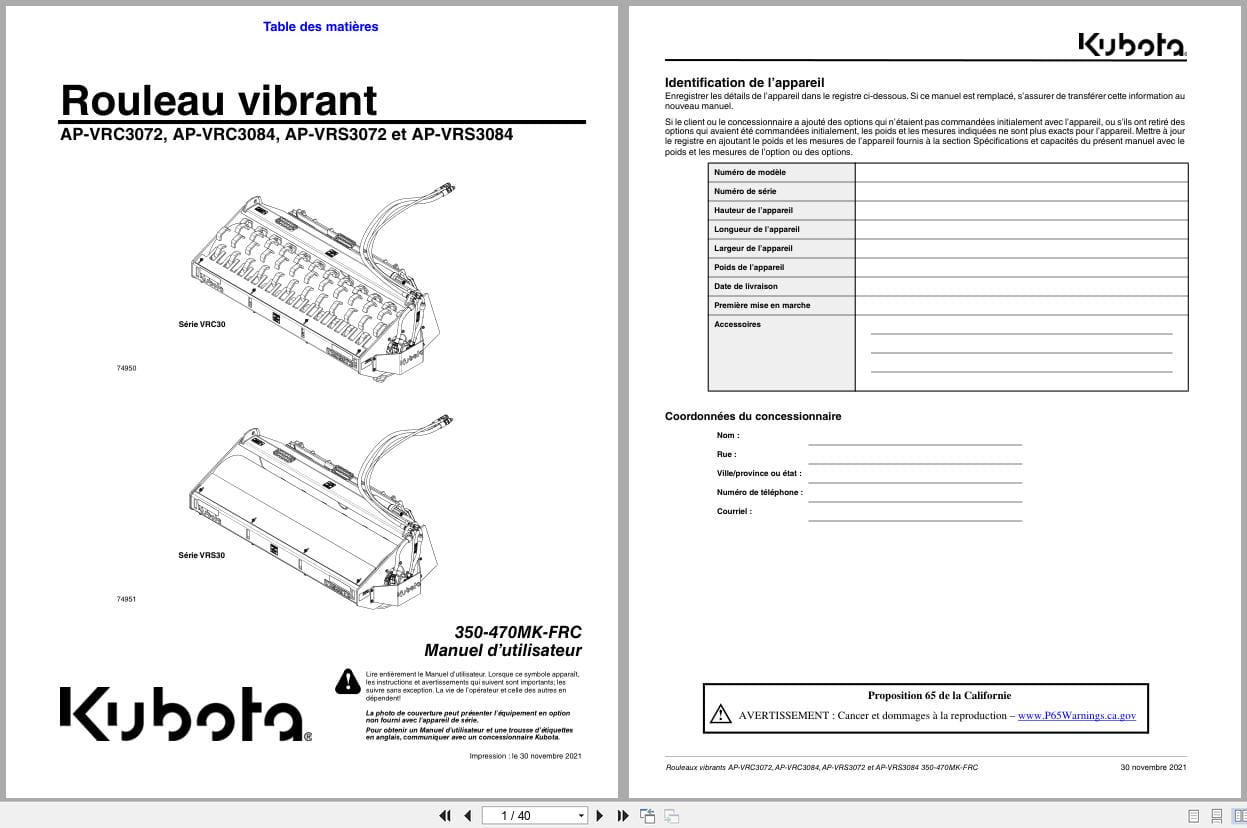 Kubota Vibratory Roller AP VRC3072 AP VRC3084 AP VRS3072 AP VRS3084 Operator Manual 350 470MK FRC FR (1)