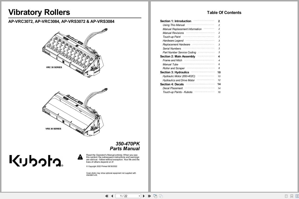 Kubota Vibratory Roller AP VRC3072 AP VRC3084 AP VRS3072 AP VRS3084 Parts Manual 350 470P (1)