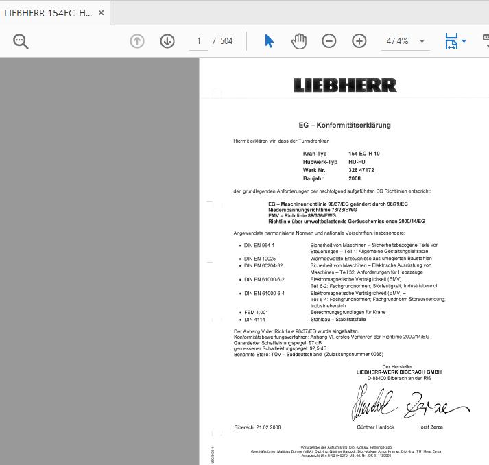 LIEBHERR 154EC H10 Tower Cranes Operating Manual & Parts Catalog DE (1)
