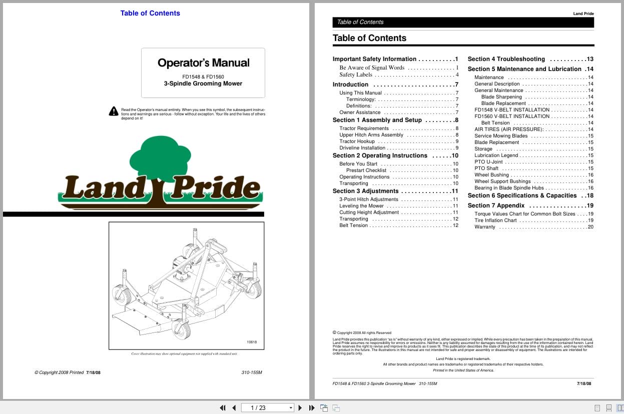 Land Pride 3 Spindle Grooming Mowers FD1548 FD1560 Operator Manual 310 155M (1)
